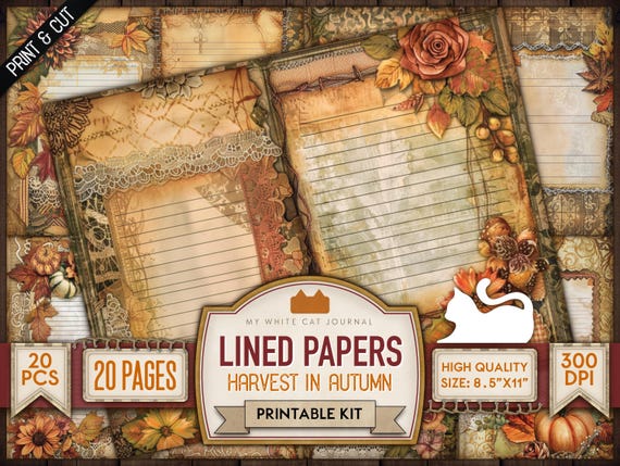 Autumn Harvest Printable Junk Journal Lined Paper: Floral Pumpkin Ephemera (Digital Download)