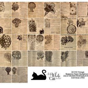 May include: A digital collage of 26 vintage magazine pages featuring botanical illustrations of flowers and plants. The pages are in black and white and have a distressed, aged look. The text on the pages is mostly illegible. The collage is titled "My White Cat Journal" and includes the text "26 PCS Vintage Magazine Paper Backgrounds 12x12 INCHES-PRINTABLE-300 dpi Individual JPEG".