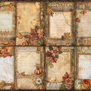May include: Eight vintage-style printable journal pages with fall-themed designs. Each page features a lined area for writing, surrounded by autumn leaves, pumpkins, and lace accents.