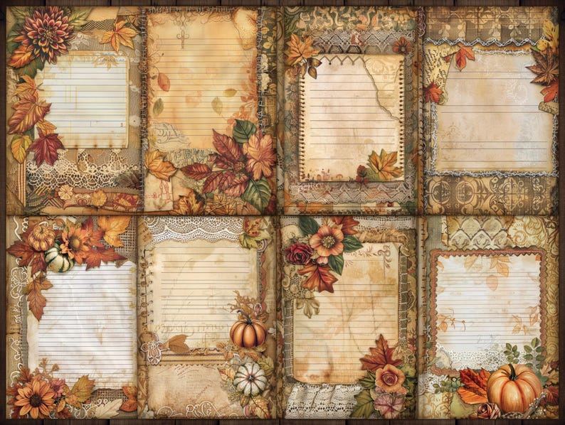 May include: Eight vintage-style printable journal pages with fall-themed designs. Each page features a lined area for writing, surrounded by autumn leaves, pumpkins, and lace accents.