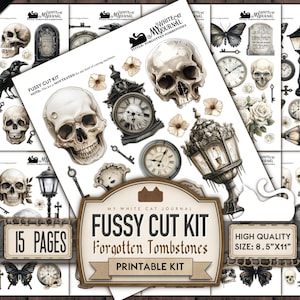 Spooky Tombstone Stickers: Monochromatic Junk Journal Embellishments (Digital Download)