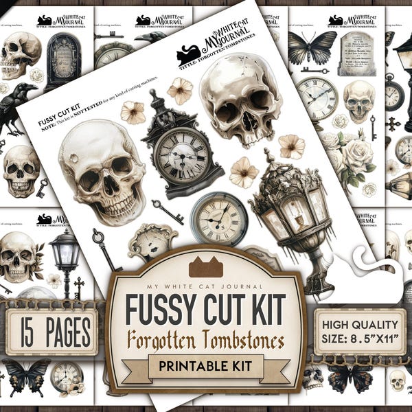 Spooky Tombstone Stickers: Monochromatic Junk Journal Embellishments (Digital Download)