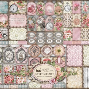 Junk Journal, Sweet Serenity, Shabby Pink, Assorted Ephemera, Printable, Collage Sheets, Embellishments, Scrapbook, Digital Download
