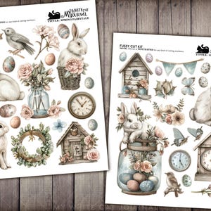 May include: A digital paper pack with a spring theme featuring illustrations of bunnies, birds, clocks, flowers, and other spring elements. The title of the pack is "Spring Fairytale".