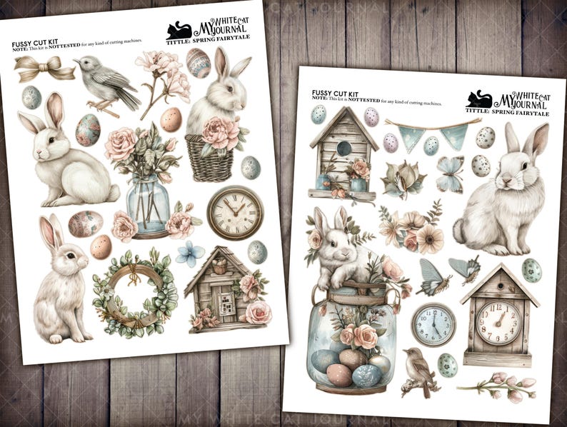 May include: A digital paper pack with a spring theme featuring illustrations of bunnies, birds, clocks, flowers, and other spring elements. The title of the pack is "Spring Fairytale".