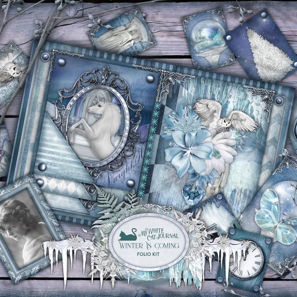 Junk Journal, Winter, Neutral Blue, Folio Kit, Printable, Xmas, Folding Folio, Craft Kit, Collage Sheets, Scrapbook, Digital Download