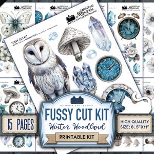200+ Winter Fussy Cut, Printable Sticker, Junk Journal Kit, Winter Woodland, Ephemera, White Owl, Scrapbook, Digital Download
