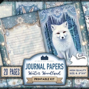 20 Winter Junk Journal Papers, Winter Woodland, Printable, Horizontal Pages, White Owl, Winter Fox, Snowflakes, Scrapbook, Digital Download