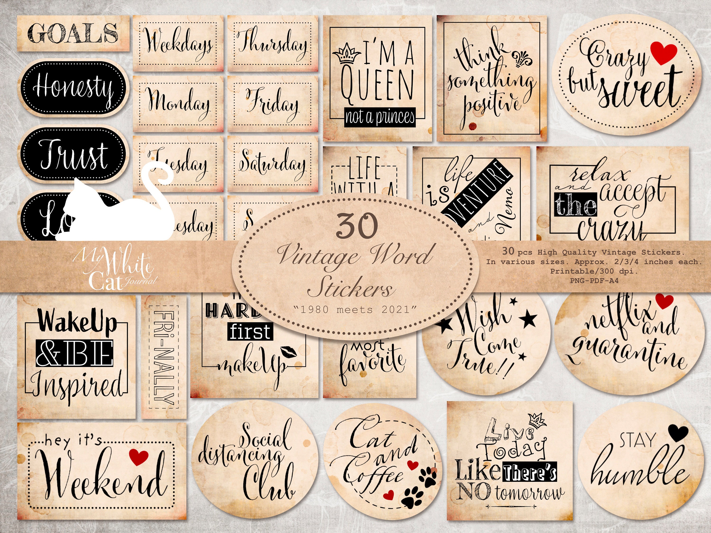junk journal stickers printable word stickers labels etsy