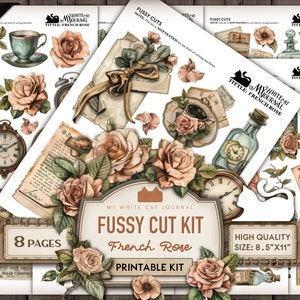 May include: A printable fussy cut kit featuring a French rose theme. The kit includes 107 pieces and 8 pages of high-quality images, perfect for crafting and scrapbooking. The kit is 8.5 inches by 11 inches and 300 DPI.