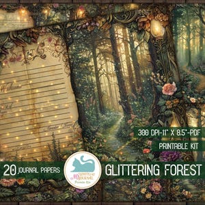 Pode incluir: Um kit imprimível com 20 papéis de diário com tema de floresta. O design inclui uma cena de floresta, detalhes florais e o texto "Glittering Forest". Os papéis medem 27,9 cm x 21,6 cm.