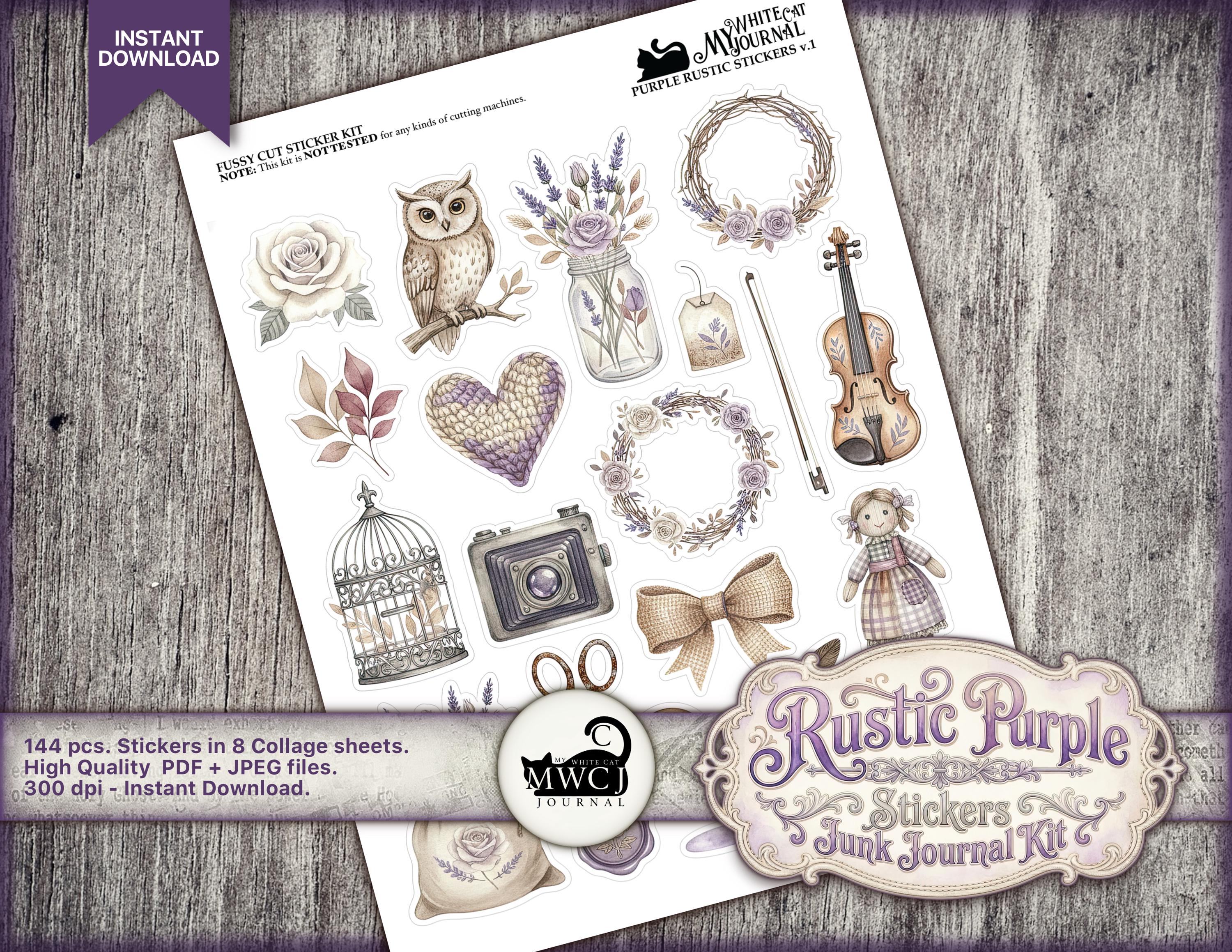 Purple Junk Journal Stickers | Printable Vintage Ephemera Kit | Collage ...