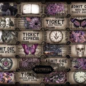 K&ouml;nnte beinhalten: Eine Sammlung von Tickets im Vintage-Stil mit einem gotischen und gruseligen Thema. Die Tickets zeigen Bilder von einem Wolf, einem Sch&auml;del, einem Schmetterling, einer Uhr, einem Haus und Blumen. Der Text auf den Tickets lautet "Ticket Express", "Music Theatre", "London Station", "Circus Show" und "Nocturnal".