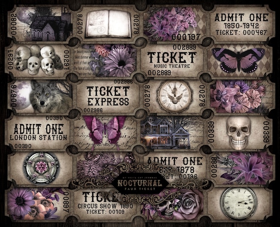 Junk Journal, Nocturnal, Grunge, Tickets, Printable Faux Ticket, Collage Sheets, Embellishments, Scrapbook, Digital Download