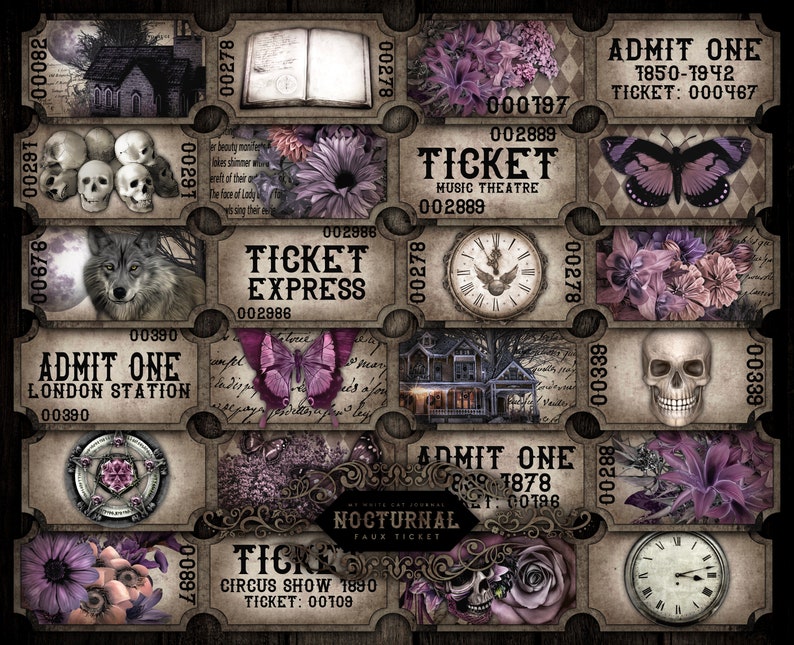 K&ouml;nnte beinhalten: Eine Sammlung von Tickets im Vintage-Stil mit einem gotischen und gruseligen Thema. Die Tickets zeigen Bilder von einem Wolf, einem Sch&auml;del, einem Schmetterling, einer Uhr, einem Haus und Blumen. Der Text auf den Tickets lautet "Ticket Express", "Music Theatre", "London Station", "Circus Show" und "Nocturnal".
