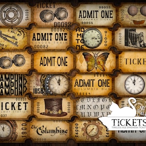 Junk Journal, Printable Ticket, Steampunk, Timeless, collage sheets, Ephemera, Faux, Tickets, Embellishments, Scrapbook, Digital Download