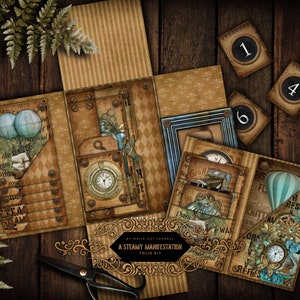 Junk Journal, Steampunk, Folding Folio, Printable, Folio Kit, Collage Sheets, Ephemera, Trifold, Craft Kit, Scrapbook, Digital Download