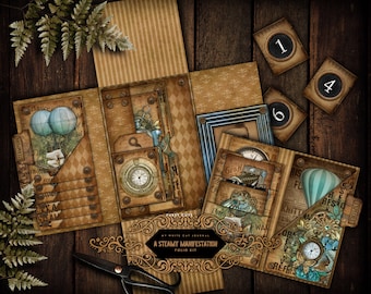 May include: A brown and gold scrapbook folio kit with a steampunk theme. The kit includes a variety of decorative elements, such as gears, clocks, and hot air balloons. The text "A Steamy Manifestation Folio Kit" is printed on the front of the folio.