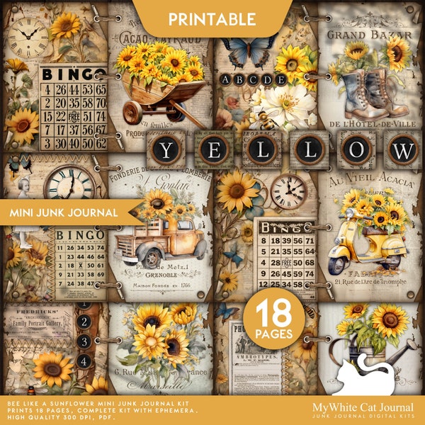 Mini Junk Journal, Bee Like A Sunflower, Printable, Ephemera, Collage Sheets, Yellow, Craft Kit, Summer, Scrapbook, Digital Download