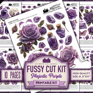 Fussy Cut, Junk Journal Purple Amethyst Stickers, Majestic Purple, Printable, Ephemera, Floral, Crystals, Scrapbook, Digital Download