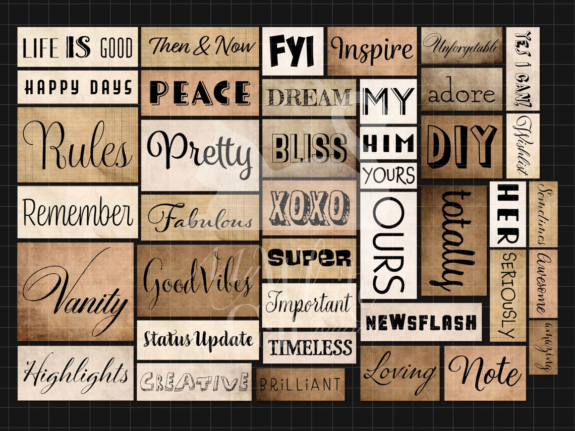 Junk Journal Word Stickers Ephemera Positive Words Phrases Etsy