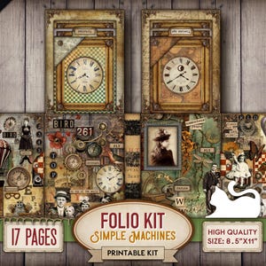 Könnte beinhalten: Ein druckbares Folio-Kit mit Vintage-Steampunk-Thema. Das Design zeigt Uhren, Porträts und antike Elemente. Das Kit umfasst 17 Seiten und ist von hoher Qualität, im Format 21,59 cm x 27,94 cm. Die Worte "Print & Cut" sind sichtbar.