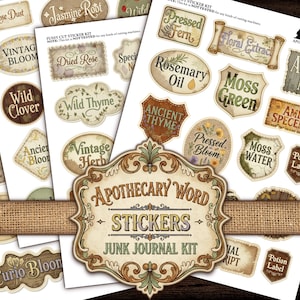 Apothecary Label Stickers | Printable Junk Journal Kit | Vintage Herb Tags Ephemera | Instant Download