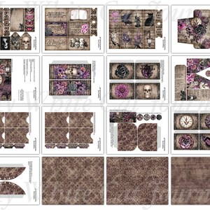 May include: A digital paper pack with a gothic theme. The pack includes various images with skulls, flowers, butterflies, clocks, and other gothic elements. The images are in shades of purple, black, and white.