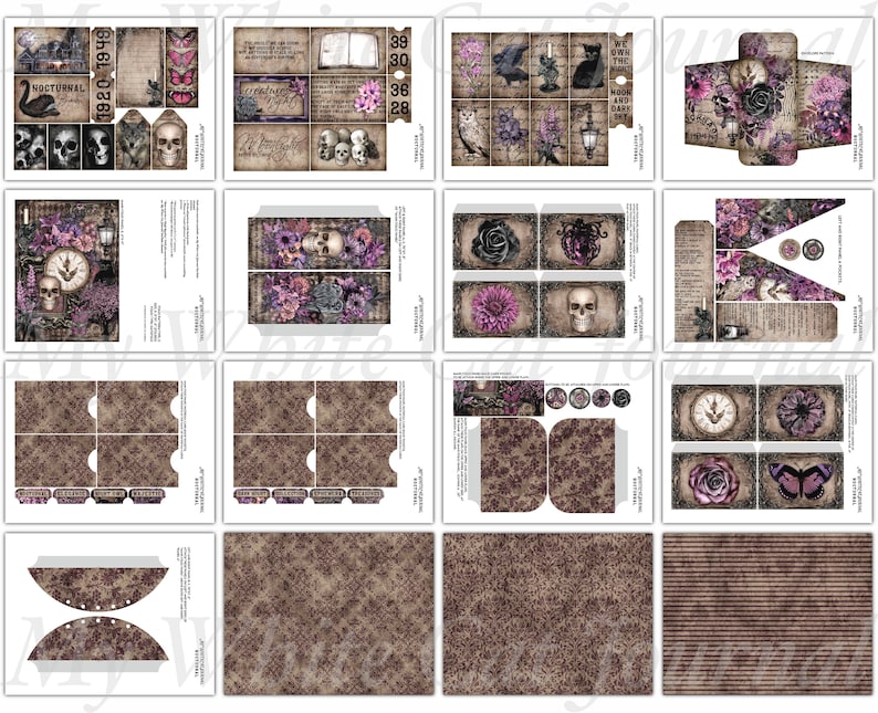 May include: A digital paper pack with a gothic theme. The pack includes various images with skulls, flowers, butterflies, clocks, and other gothic elements. The images are in shades of purple, black, and white.