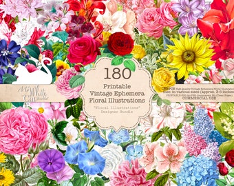 May include: A collection of 180 printable vintage floral illustrations in various sizes, perfect for crafting and digital projects. The illustrations feature a variety of flowers in vibrant colors, including roses, sunflowers, lilies, and more.  The text on the image reads "180 Printable Vintage Ephemera Floral Illustrations "Floral Illustrations" Designer Bundle 150 PCS high Quality Vintage Ephemera Floral Illustrations. Size: in various sizes (approx. 3-6 inches) PRINTABLE-300 dpi PNG transparent BG (Clean Edges) COMMERCIAL USE"