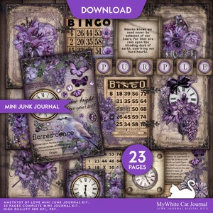 Mini Junk Journal Kit, Ametista dell'amore, Viola, Stampabile, Effimera, Viola, Floreale, Carta, Biglietto, Kit artigianale, Album di ritagli, Download digitale