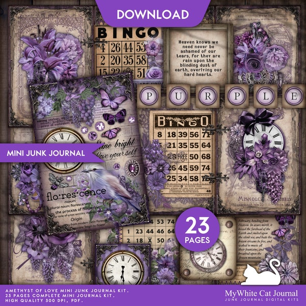 Mini Junk Journal Kit, Amethyst Of Love, Purple, Printable, Ephemera, Violet, Floral, Paper, Card, Craft Kit, Scrapbook, Digital Download