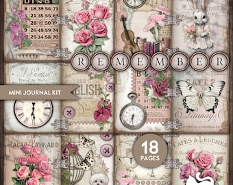 Peut inclure: Kit de journal miniature imprimable de 18 pages avec une esthétique vintage. Le kit comprend des images de roses, de papillons, d'horloges et d'un lapin blanc. Le texte "REMEMBER" est présenté dans une police décorative.