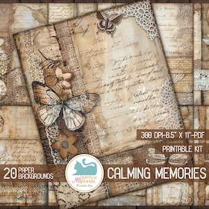 Może przedstawiać: Cyfrowy zestaw do druku "Calming Memories" z 20 papierowymi tełami. Projekt zawiera elementy vintage, takie jak motyle, koronki, zegary i odręczne pismo. Zestaw ma wymiary 21,59 cm x 27,94 cm i 300 DPI.