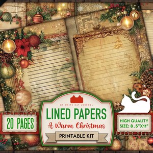 May include: A printable kit of 20 lined papers featuring a warm Christmas theme. The papers have a vintage look with a red and green color scheme and images of ornaments, pine cones, and holly. The papers are 8.5 inches by 11 inches and 300 DPI.