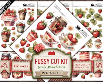 May include: A printable fussy cut kit featuring 100 pieces of lovely strawberries, jars of jam, cupcakes, teacups, and other elements. The kit includes 7 pages and is 8.5 inches by 11 inches in size. The kit is 300 DPI.