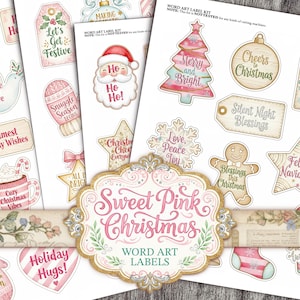 Peut inclure: Ensemble d'étiquettes Sweet Pink Christmas avec des motifs festifs. Les étiquettes comprennent des phrases telles que «Joyeux Noël», «Paix et Amour» et «Câlins de vacances!» dans une palette de couleurs rose et or. Parfait pour l'artisanat et les projets de vacances.