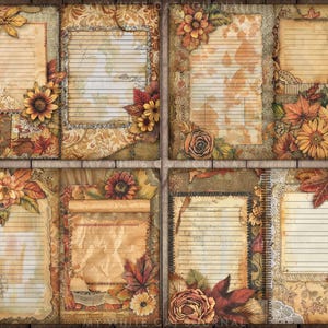 May include: A set of six printable journal pages with a fall theme. Each page features a different design with fall leaves, flowers, and a lined area for writing. The pages are in shades of brown, orange, and yellow.