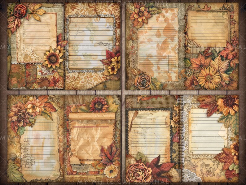 May include: A set of six printable journal pages with a fall theme. Each page features a different design with fall leaves, flowers, and a lined area for writing. The pages are in shades of brown, orange, and yellow.