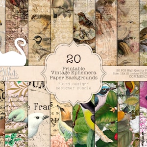 Junk Journal, Bird Paper, Floral, Vintage, Ephemera, Decorative, Paper Pack, Texture, Decoupage, Scrapbook, Printable, Digital Download