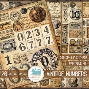 Junk Journal Papers, Vintage Numbers, Collage Paper, Ephemera, Neutral Brown, Paper Pack, Scrapbook, Digital Download