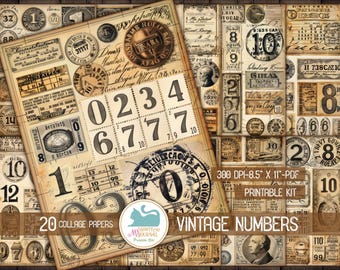 Könnte beinhalten: Ein digitales Collage-Blatt mit 20 Papieren im Vintage-Stil mit Zahlen, Briefmarken und anderen Ephemera. Die Papiere sind in Braun-, Beige- und Schwarztönen gehalten. Der Text "Vintage Numbers" ist am unteren Rand des Blattes gedruckt. Das Blatt ist 21,6 cm x 27,9 cm groß und hat 300 DPI.