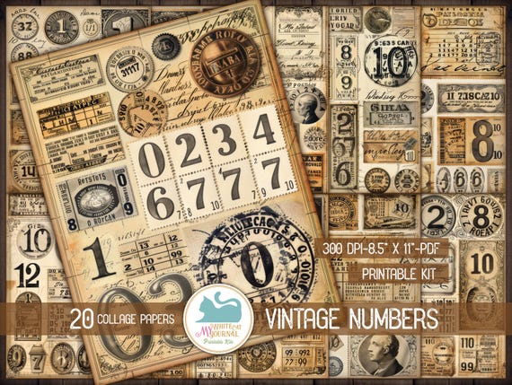Vintage Numbers Junk Journal Paper: Neutral Ephemera Collage (PDF Download)
