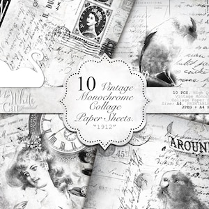 Junk Journal, Ink Saver, Ephemera, Printable, Stamp Papers, Monochrome, Black And White, Collage Sheets, Scrapbook, Digital Download