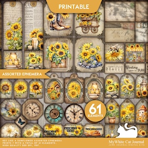 Junk Journal, Bee Like A Sunflower, Assorted Ephemera, Printable, Collage Sheets, Embellishments, Cards, Scrapbook, Digital Download