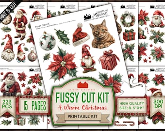 May include: A printable fussy cut kit with 223 pieces and 15 pages featuring a warm Christmas theme. The kit includes images of gnomes, Santa, a cat, poinsettias, holly, and other festive elements. The kit is 21.6 cm by 27.9 cm and 300 DPI.