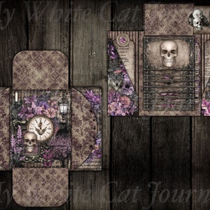 May include: A vintage-style paper craft kit with a gothic theme. The kit features a skull, clock, and floral designs in shades of purple, gray, and black. The text "Nocturnal Treasures" is printed on the front of the kit.