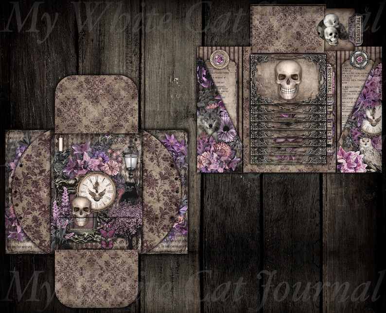 May include: A vintage-style paper craft kit with a gothic theme. The kit features a skull, clock, and floral designs in shades of purple, gray, and black. The text "Nocturnal Treasures" is printed on the front of the kit.