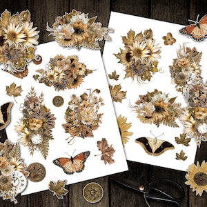 May include: A set of digital scrapbook paper featuring vintage-style illustrations of sunflowers, butterflies, and leaves in shades of brown, yellow, and white. The paper is ideal for creating digital scrapbook pages, cards, and other crafts.