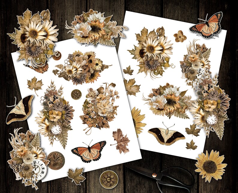 May include: A set of digital scrapbook paper featuring vintage-style illustrations of sunflowers, butterflies, and leaves in shades of brown, yellow, and white. The paper is ideal for creating digital scrapbook pages, cards, and other crafts.